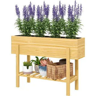 Outsunny Hochbeet mit Regal, erhöhtes Kräuterbeet mit Ablauflöcher, Pflanzkasten aus Holz, wetterbeständig Gemüsebeet, Gartenbeet, Pflanzbeet für Garten, Balkon, 100 x 30 x 70,5 cm Naturholz   Aosom