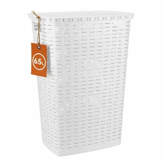 Spetebo Kunststoff Wäschekorb in Rattan Optik 65 Liter - weiß - Wäschebox mit Deckel und Tragegriffen - Wäschetruhe Wäschesammler Wäschetonne mit Griff feuchtraumbeständig