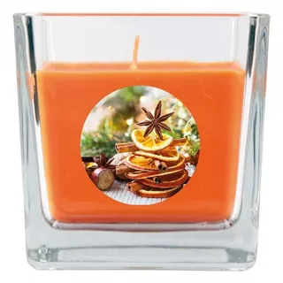 HS Candle Duftkerze (Dekokerze, 1-tlg), Weihnachten - Kerze im Bonbon Glas, Kerze mit Weihnachts - Motiv orange Ø 8 cm x 8 cm x 8 cm x 8 cm
