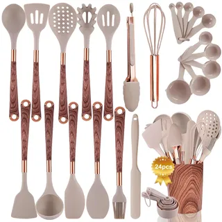 Silikon-Küchenutensilien-Set mit Halter, 24-teiliges Kochutensilien-Set, Holzmuster-Griff, Silikon-Utensilien zum Kochen mit Lebensmittelsicherheitswender, Nudelheber, Skimmer, Schöpflöffel, Zange,