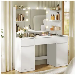 VASAGLE Schminktisch mit Spiegel und LED-Leuchten, Steckdosenleiste, Schubladen (1 Tisch), 2 Schränke, 9 dimmbare Glühbirnen, 3 Lichtfarben, verstellbare Ablagen weiß 107 cm x 144 cm x 40 cm