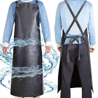 SHEOMERN Wasserdichte Schürze aus PU-Gummi, zum Geschirrspülen, robuste Metzgerschürze, verstellbare Schürze mit Kreuzrücken, für Spülmaschine, Schwarz, Größe XL, XL