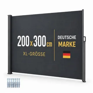 Onbest Seitenmarkise Sichtschutz ausziehbar mit Schrauben und Dübel UV-Beständig, Wasserabweisend, 200x300 cm grau 300 cm x 200 cm
