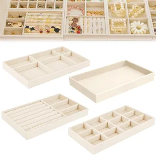 ANZOAT 4Pcs Schmucktablett,21×12.5×2.5cm Samt Schmuckeinsatz für Schubladen,Schmuckkästchen Stapelbar,Schmuckaufbewahrung Schublade für Halsketten, Armbänder,Ohrringe,Ringe,Uhren (Beige)