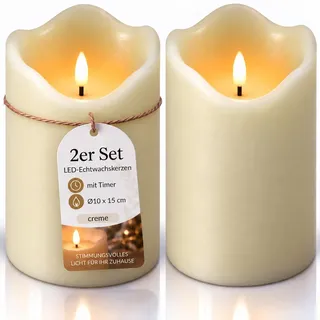 Stephans Möbelbörse 2x LED Echtwachskerze 10x15 cm mit Timer Kerze batteriebetrieben 3D Flackereffekt Echtwachs Adventskranz Kerzen LED Adventskerzen