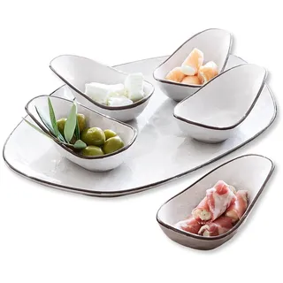 LOBERON Servierschälchen 6er Set Biarré, fünf Schälchen + Unterteller, für Dips und Saucen, traditionelle Handarbeit, Küchenutensilien, Tischaccessoires, Steinzeug, weiß