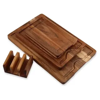4-teiliges Schneidebrett-Set - Akazienholz - Antirutschfüße - Halter - Nachhaltig - Mit Saftrinne - Perfekt für Fleisch/Gemüse/Brot - Schneideb...