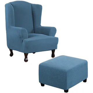Thdsubb Ohrensessel Überzug Sesselbezug Sessel Sessel-Überwürfe Tiger Stuhlbezug Ottomane Schonbezug Hockerüberzug Husse Für Fußhocker (Blau,Ohrensessel+Quadrat L)