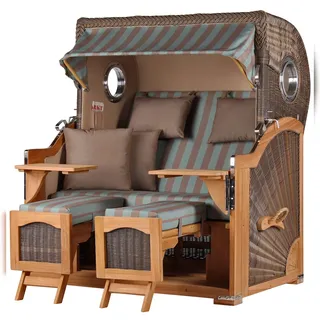 Mr. Deko bene,iving Strandkorb Komplettset Ammersee Grande XL Teak Bullauge PE grau Modell 520 inkl. Liftersystem Schutzhülle Doppelrollen Glasbecherhalter