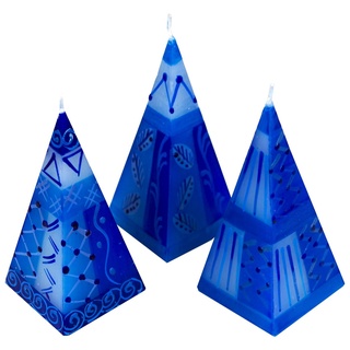 Afrika-Deko Formkerze 3er Set afrikanische Pyramidenkerzen (Spar-Set, 3 Kerzen), Afrika-Deko 3er Kerzenset handbemalte Pyramidenkerzen aus Afrika handgefertigte afrikanische Pyramiden Kerze in verschiedene Designs blau