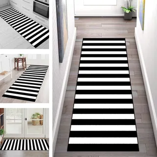 Teppich Flur Läufer Küche Schwarz Weiß 40X120CM Teppichmatten Küchenläufer Teppich Läufer Flur rutschfest Korridor Küchenteppich Waschbar Meterware Teppichläufer Lang Corridor Schlafzimmer Wohnzimmer