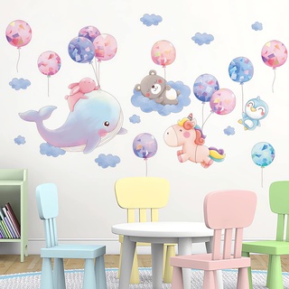 Wandtattoo Fliegende Tiere Bunte Wandaufkleber Luftballon Walfisch Einhorn für Baby Nursery Kinderzimmer Dekor