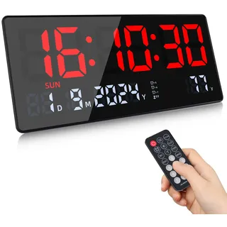 Fuloon Digitale Wanduhr, 15,5" Groß LED Wanduhr Digital, Kalender Wanduhren mit Sekunden,Temperatur, Datum, Woche, Digital Wand Uhr Tischuhr mit Standfuß für Wohnzimmer Küche Büro