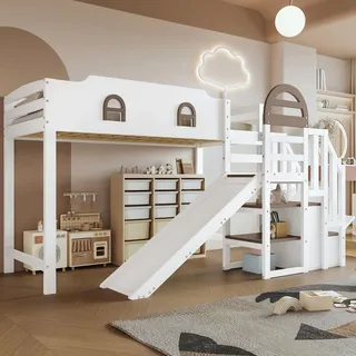 Merax Etagenbett 90x200cm, Kinderbett Hochbett mit Stauraumtreppe & Rutsche & Rausfallschutz, Platzsparendes Stockbett mit Lattenrost & Fenster, Funktionsbett für Jugend, Ohne Matratze, Weiß & Braun