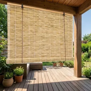 Bambusrollo Wetterfest Aussen, Schilfrohrrollo Natur Sonnenschutz Sichtschutz, Rollo Outdoor für den Balkon, Fenster Rollos für Innen, Jalousien Sichtschutz Bambus(Weißer Faden,120W x 180H cm)