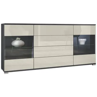 Vladon Sideboard Bari V2 (Kommode mit 2 Türen, 4 Schubladen und 2 flexible Glaseinlegeböden), Anthrazit matt/Creme Hochglanz (166,5 x 75,5 x 35) gelb