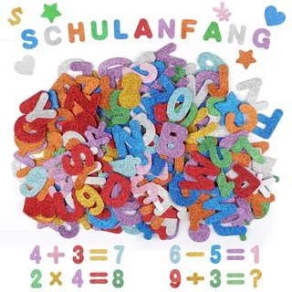 Moosgummi Buchstaben Selbstklebend, Glitzer Buchstaben für Schultüte | 230 Stück Schaumstoff Buchstaben Aufkleber, Zahlen Aufkleber Alphabet Stern Herz Deko für Schulkind Schulanfang Einschulung
