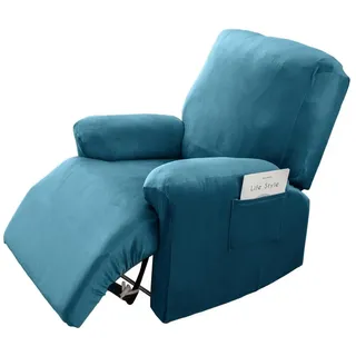 BTTO Sesselhusse Samt Sesselschoner für Relaxsessel 4-Teilig, Stretch Sesselbezug mit Taschen für Fernsehsessel Liege Sessel blau