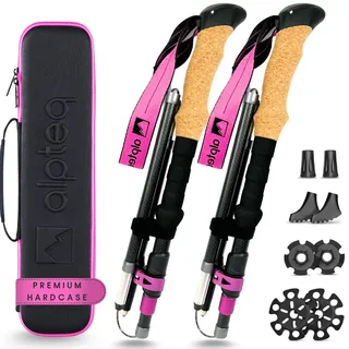Alpteq® Wanderstöcke faltbar Carbon mit Korkgriff | Bergsport Trekkingstöcke | Nordic Walking Stöcke Damen & Herren | extra leicht und Teleskop variabel (Carbon 100-120 cm | Hot Pink)