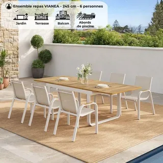 VIANEA Gartentisch-Set für 6 Personen, ausziehbarer rechteckiger Tisch 155–245 cm + 6 Aluminium-Textilene-Stühle, weiß/beige, Holzoptik - Weiß/Naturbelassen/Beige