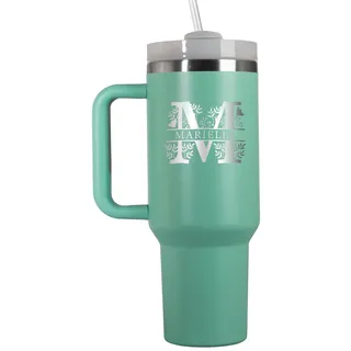 Großer Trinkbecher mit Strohhalm Personalisiert | 1200ml Thermobecher mit Deckel und Strohhalm | Trinkflasche mit Gravur | Spülmaschinenfest | Geschenkidee Ostergeschenke für Frauen | Grün Monogramm