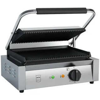 METRO Professional Kontaktgrill Single GPG1201, Edelstahl, 43 x 36 x 20 cm, geriffelt, mit Fettauffangschale, silber
