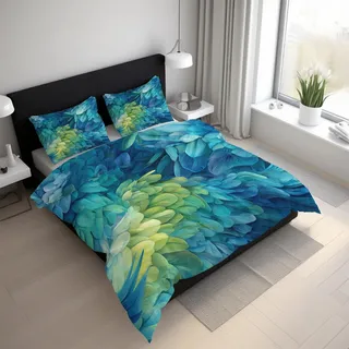 Generisch Blau Grün Federn Bettwäsche 155x200cm, Modern Vogel Gefieder Bettwäsche-Sets 2 Teilig, Bettbezug + 1 Kissenbezüge 80x80cm Weich Mikrofaser mit Reißverschluss 21D&-62
