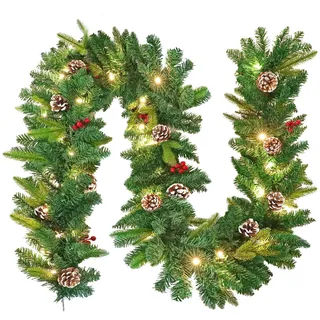 Froadp 500cm Künstliche Girlanden für Festlichkeiten, Weihnachten Tannengirlande mit Grünen Blättern Kiefernzapfen & Rot Beeren, Weihnachtliche Kränze mit LED, Hängende Blumen Türkranz für Parties