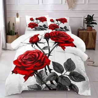 Nyescasa Bettwäsche 200x220 Weiß mit Rot Rosen Bettwäsche Set Mädchen Bunt Blumen Pflanzen Blätter Wendebettwäsche Weich Mikrofaser Bettbezug mit Reißverschluss und 2 Kissenbezug 80x80cm