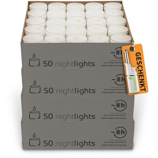 DecoLite: 200 Teelichter Nightlights von Wenzel mit transparenter Hülle - 7-8 Stunden Brenndauer inkl. Stabfeuerzeug | Teelichter im durchsichtigen Becher | ohne Duft