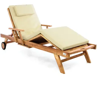 Divero Sonnenliege Holzliege Gartenliege Teak-Holz behandelt mehrfach verstellbar inkl. Räder Tablett + Liegen-Auflage 4-teilig wasserabweisend Creme