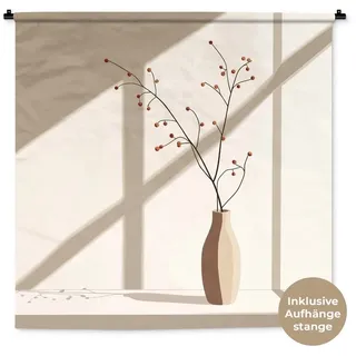MuchoWow Wandteppich Vase - Äste - Beeren - Minimalistisch, Quadratisch, Höhe: 3 mm, Wand Teppich Wohnzimmer, Schlafzimmer, 150x150 cm Quadratisch | 150 cm x 150 cm x 3 mm
