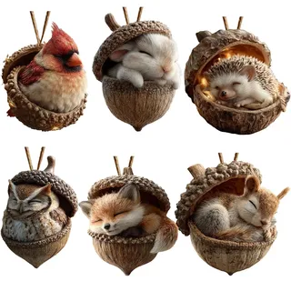 6 Stück Waldtiere Eichels Ornaments, 3D Stil Weihnachtsbaumschmuck Waldtier Eichels Ornamente, Lustig Niedlicher Weihnachtsschmuck Anhänger Für Innen Außen Wohnzimmer Wand Tür Kaminsims