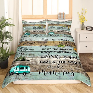 Homewish Camping Rules Bettbezug Camper-Bettwäsche 135 x 200 cm für Kinder rustikales Hütten-Camping-Bettbezug im Landhausstil Camping-Dekor Bettbezug Vintage-Holzbrett glückliche Camping-Dekor