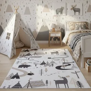 Kinderteppich AYYILDIZ TEPPICHE "COCO 1135 , auch in rund erhältlich", creme, B:120cm H:8mm L:170cm, Teppiche, Kinderteppich, Waschbar bei 30 C, rutschhemmend, OEKO-TEX zertifiziert, Waldtiere