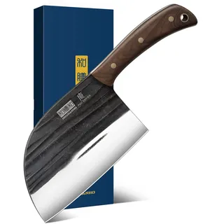 HOSHANHO 17cm Serbisches Kochmesser, Handgeschmiedeter Fleischschneiden | Hackmesser aus Kohlenstoffstahl Fleischerbeil, Küchenmesser Metzgermesser mit Durchgehendem für Zuhause Camping