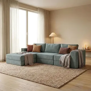 Modulsofa Ecksofa L-Form 255x170x55cm, frei konfigurierbar, Chenille-Stoff Blaugrün, abnehmbarer Bezug, ohne Werkzeug-Montage - Blau/Grün