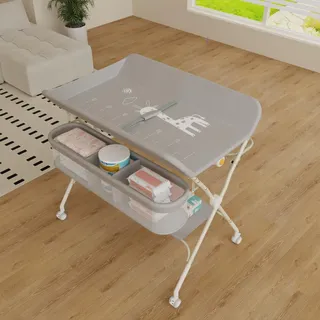3 in 1 Wickeltisch klappbar, mobile Wickelkommode mit Rollen, Wickelstation höhenverstellbar, tragbare Wickelauflage bis 25 kg Belastbar,75 x 68 x 83–91 cm (A) (Grau)