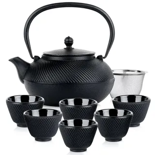 Emaillierter Teekessel Aus Gusseisen Mit Teesieb Und Gusseisernen Tassen, 1 L / 60 Ml, 8 Stück.