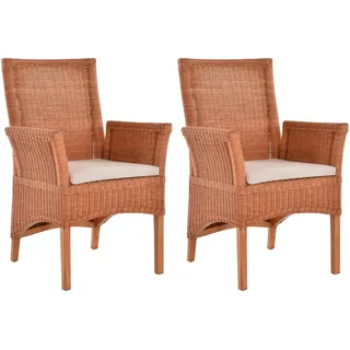 Krines Home Esszimmerstuhl 2er Set Esszimmerstuhl Rattanstuhl mit Armlehne Esszimmer Stühle Holz (2 St), aus Rattan Naturmaterial, mit Armlehnen braun