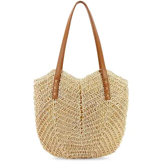 SUNOYA Strohtasche Damen - Große Strandtasche für Sommer, Reisen, Urlaub und Shopping - Basttasche Handtasche, 37 x 30cm
