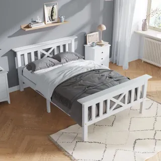 Holzbett Einzelbett aus Bettgestell mit Lattenrost Holzbett mit Kopfteil - 90 x 200 cm Massivholz Kinderbett Jugendbett - Weiß