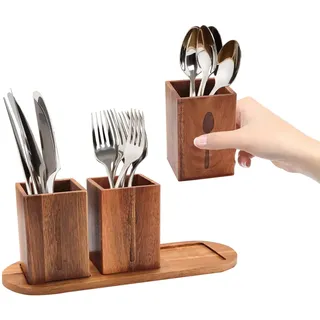 Besteckkorb Tisch aus Holz, 3-teiliges Bambus Besteckhalter, Küchenutensilienhalter, Besteck Aufbewahrung mit Ablaufloch, 33x11,5 cm Besteckständer für Arbeitsplatte, Bauernhaus Küchendekoration