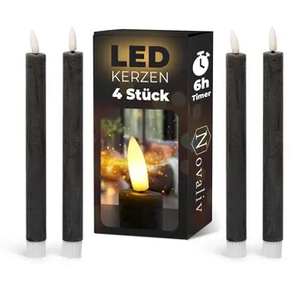 Novaliv Stabkerzen LED mit Timer SCHWARZ 4 Stück Indoor 6 Stunden - ECHTWACHS 24cm Höhe für Kerzen 2,2cm Durchmesser 2 AAA Batterien notwendig LED Stabkerzen flackernde Flamme bewegliche Flamme Licht