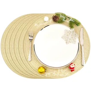 Tischmatten Ø 38cm, Set 6 Stück Helena (Gold) Platzset Tischsets abwaschbar Platzdeckchen für Esszimmer, Platzset rund Küche, Hochzeit, Party, Goldene Hochzeit Tischset Weihnachten
