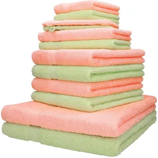 Betz 12-TLG. Handtuch-Set Palermo 100% Baumwolle 2 Liegetücher 4 Handtücher 2 Gästetücher 2 Seiftücher 2 Waschhandschuhe Farbe apricot und grün