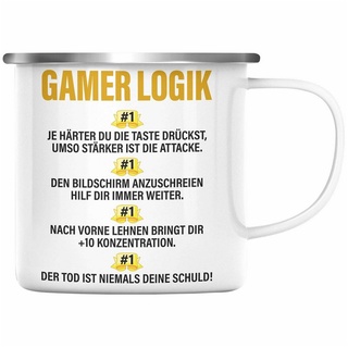 Trendation Thermotasse »Trendation - Gamer Emaille Tasse Geschenk Jungs Jungen Zocker Mitbringsel Männer Emaille Tassen Zocken Gaming Geschenkideen PC Kinder Zubehör Spruch Lustig« silberfarben