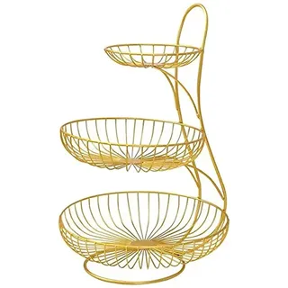 Obstkorb mit 2 Ebenen, 3 Etagen, Drahtkorb oder Obstkorb, 2 oder 3 Etagen, zum Aufbewahren und Organisieren von Gemüse, Eiern etc. (Gold 3 Etagen)