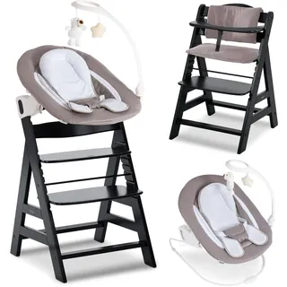 hauck Alpha+ Hochstuhl Newborn Set mit Deluxe Bouncer - Schwarz | Mitwachsender Holz Kinderhochstuhl ab Geburt bis 90 kg | inkl. Neugeborenenaufsatz & Sitzkissen
