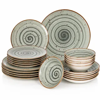 Geschirrset 24-teilig aus Porzellan für 6 Personen | Tiefe Suppenteller, Flache Essteller, Dessertteller und Schüsseln | Hochwertiges modernes buntes Vintage Tafelservice Kombiservice | Grau